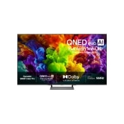 LG 65'' QNED evo MiniLED QNED93 4K AI TV - 2026, LG QNED evo AI QNED90 Mini LED vist forfra og fra siden har en 65-tommers skjerm med en bredde på 1445 mm, en høyde på 830 mm, en høyde på 903 mm med stativ, en profildybde på 58,5 mm og et stativ som, 65QNED93B6A, thumbnail 1