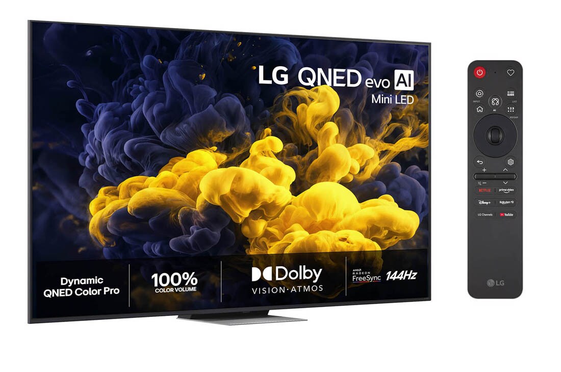 LG 75'' QNED evo MiniLED QNED86 4K AI TV - 2026, LG QNED evo AI QNED86 Mini LED vist forfra og fra siden har en 86-tommers skjerm med en bredde på 1928 mm, en høyde på 1108 mm, en høyde på 1175 mm med stativ, en slank profil på 30,9 mm og et stativ , 75QNED86B6B, thumbnail 2