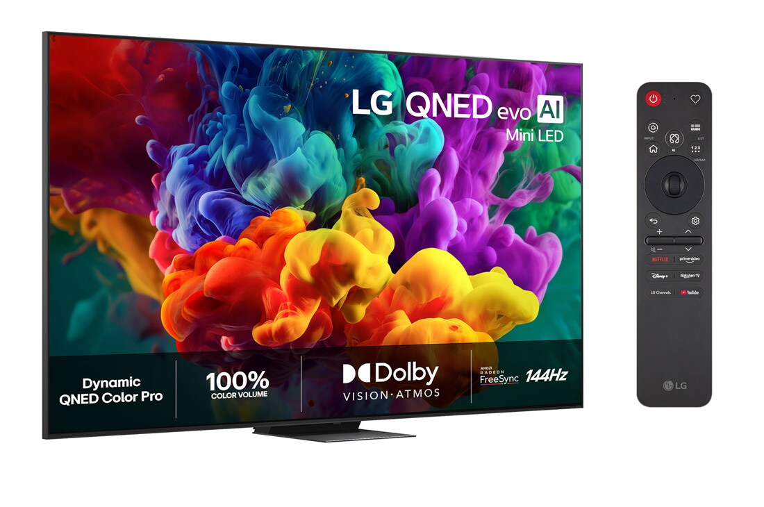LG 75'' QNED evo MiniLED QNED87 4K AI TV - 2026, LG QNED evo AI QNED87 Mini LED vist forfra og fra siden har en 86-tommers skjerm med en bredde på 1928 mm, en høyde på 1108 mm, en høyde på 1175 mm med stativ, en slank profil på 30,9 mm og et stativ , 75QNED87B6A, thumbnail 2