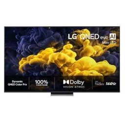 Frontbildet av LG QNED evo AI QNED86 Mini LED, lansert i 2026, fyller skjermen med levende, flytende utbrudd av flerfarget, malinglignende bevegelse, mens tette fargeskyer smelter sømløst sammen på sk2