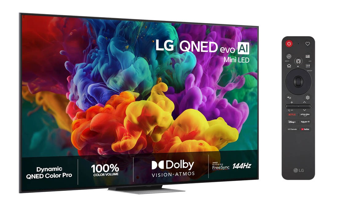 LG 86'' QNED evo MiniLED QNED87 4K AI TV - 2026, LG QNED evo AI QNED87 Mini LED vist forfra og fra siden har en 86-tommers skjerm med en bredde på 1928 mm, en høyde på 1108 mm, en høyde på 1175 mm med stativ, en slank profil på 30,9 mm og et stativ , 86QNED87B6A, thumbnail 2