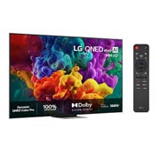 LG 86'' QNED evo MiniLED QNED87 4K AI TV - 2026, LG QNED evo AI QNED87 Mini LED vist forfra og fra siden har en 86-tommers skjerm med en bredde på 1928 mm, en høyde på 1108 mm, en høyde på 1175 mm med stativ, en slank profil på 30,9 mm og et stativ , 86QNED87B6A, thumbnail 2