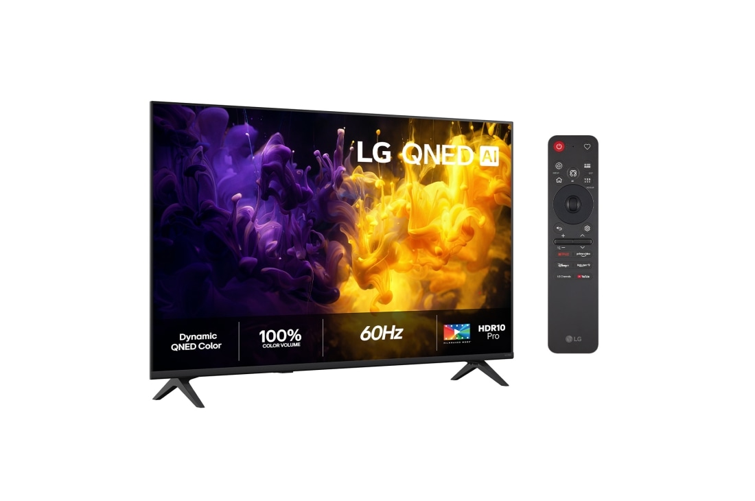 LG 50'' QNED70 4K AI TV - 2026, LG QNED AI QNED70 Mini LED vist forfra og fra siden har en 50-tommers skjerm med en bredde på 1112 mm, en høyde på 649 mm, en høyde på 711 mm med stativ, en profildybde på 70,8 mm og et stativ som mål, 50QNED70B6C, thumbnail 2