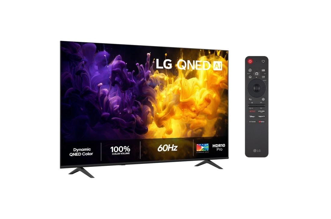 LG 75'' QNED70 4K AI TV - 2026, LG QNED AI QNED70 Mini LED vist forfra og fra siden har en 75-tommers skjerm med en bredde på 1669 mm, en høyde på 963 mm, en høyde på 1026 mm med stativ, en profildybde på 72,1 mm og et stativ som må, 75QNED70B6A, thumbnail 2