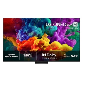 Frontbildet av LG QNED evo AI QNED85 Mini LED, lansert i 2026, fyller skjermen med levende, flytende utbrudd av flerfarget, malinglignende bevegelse, mens tette fargeskyer smelter sømløst sammen på sk1