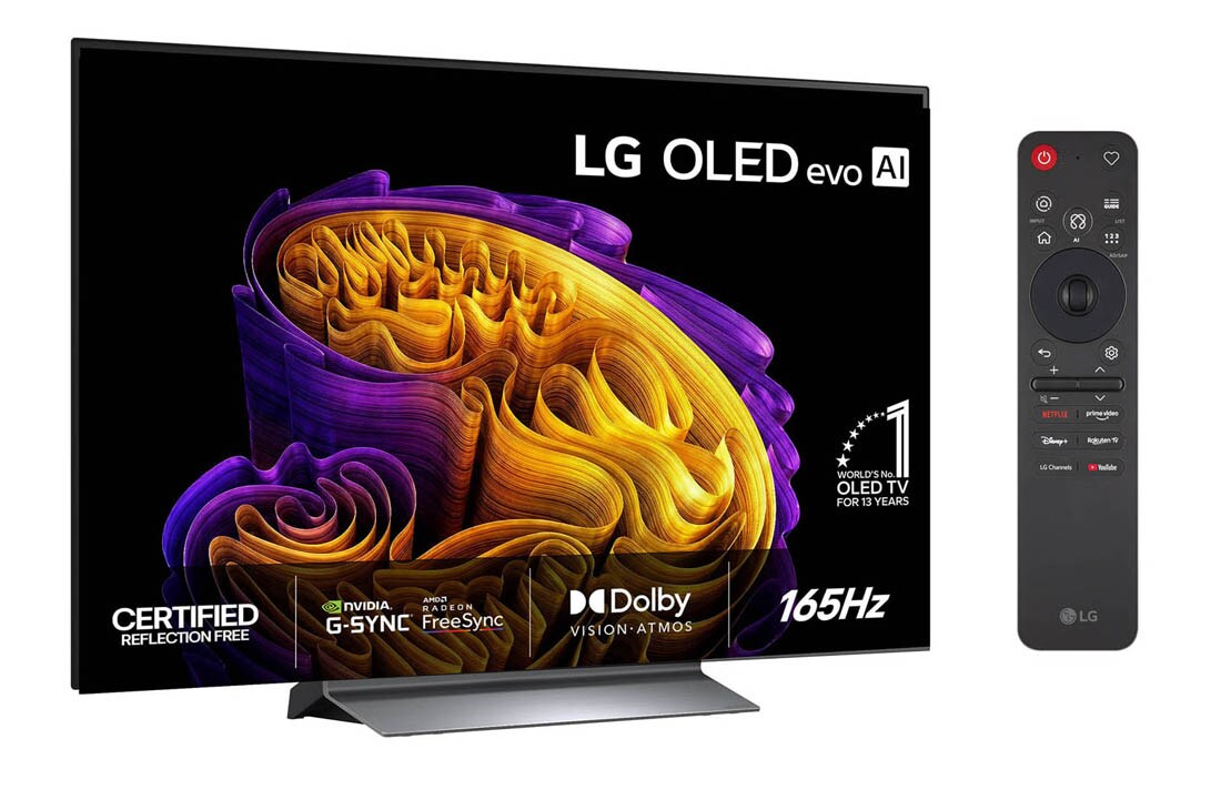 LG 48'' OLED evo Gallery G6 4K AI TV - 2026, LG OLED evo AI G6, vist forfra og fra siden, har en 65-tommers skjerm med en bredde på 1441 mm, en høyde på 826 mm, en høyde på 910 mm med stativ, en dybde på 24,3 mm og et stativ som måler 485 x 263 , OLED48G66LS, thumbnail 2