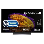LG 48'' OLED evo Gallery G6 4K AI TV - 2026, Fronten på LG OLED evo AI G6, som ble lansert i 2026, har en slank svart ramme med et levende, skulpturelt bilde av fargerike former i flere lag som fyller skjermen, samt merket «Verdens nr. 1 OLED TV, OLED48G66LS, thumbnail 1