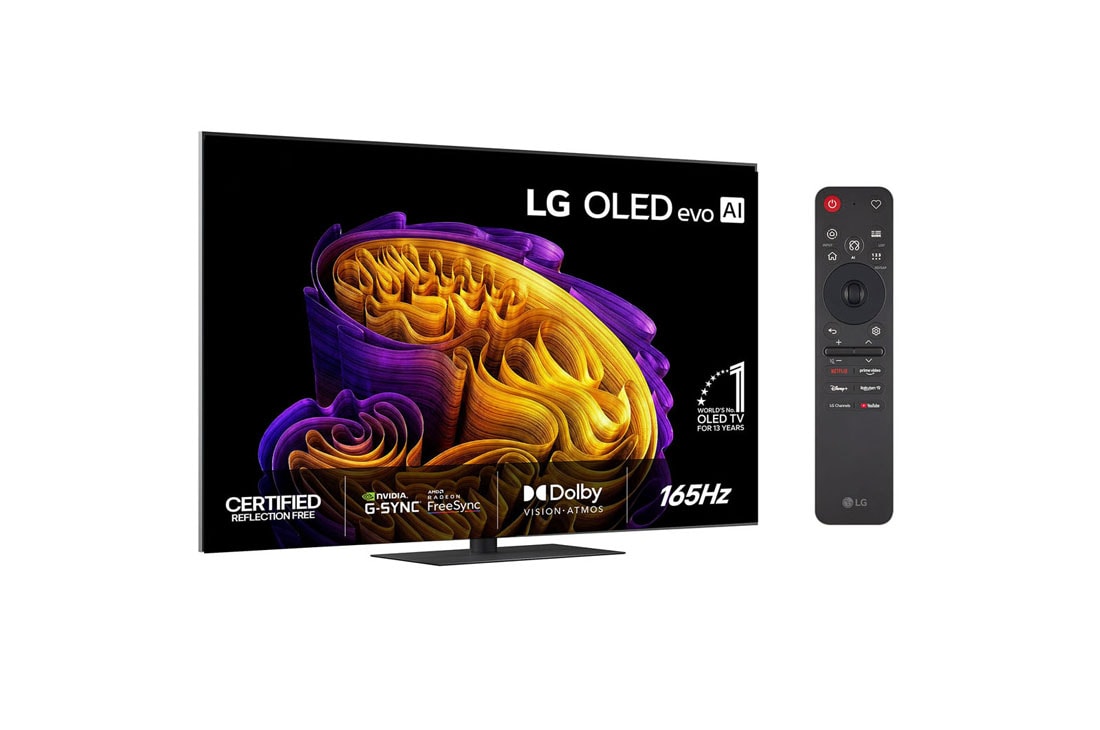 LG 65'' OLED evo Gallery G6 4K AI TV - 2026, Fronten på LG OLED evo AI G6, som ble lansert i 2026, viser et bilde av lagdelte, flerfargede former, med Hyper Radiant Color Tech, Perfect Black og Perfect Color, sammen med merket «Verdens nr. 1 OLE, OLED65G66LS, thumbnail 2