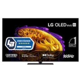 Fronten på LG OLED evo AI G6, som ble lansert i 2026, har en slank svart ramme med et levende, skulpturelt bilde av fargerike former i flere lag som fyller skjermen, samt merket «Verdens nr. 1 OLED TV2