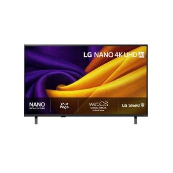 LG 43'' Nano UHD NU90 4K AI TV - 2026, Frontbildet av LG NANO 4K UHD AI NU85, som ble lansert i 2026, fyller skjermen med glatte, flytende lag av levende, stofflignende teksturer, mens buede, flerfargede folder sprer seg over skjermen., 43NU900B6LA, thumbnail 1