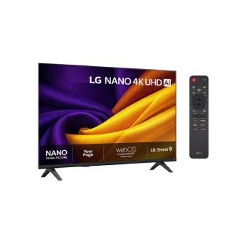 LG 43'' Nano UHD NU90 4K AI TV - 2026, LG NANO 4K UHD AI NU85, vist forfra og fra siden, har en 43-tommers skjerm med en bredde på 959 mm, en skjermhøyde på 563 mm, en høyde på 618 mm med stativ, en dybde på 70,8 mm og et stativ som måler , 43NU900B6LA, thumbnail 2