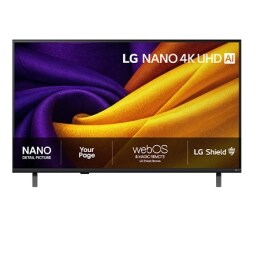 Frontbildet av LG NANO 4K UHD AI NU85, som ble lansert i 2026, fyller skjermen med glatte, flytende lag av levende, stofflignende teksturer, mens buede, flerfargede folder sprer seg over skjermen.2