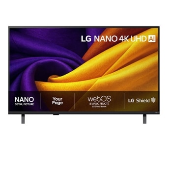 Frontbildet av LG NANO 4K UHD AI NU85, som ble lansert i 2026, fyller skjermen med glatte, flytende lag av levende, stofflignende teksturer, mens buede, flerfargede folder sprer seg over skjermen.1
