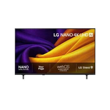 LG 50'' Nano UHD NU90 4K AI TV - 2026, Frontbildet av LG NANO 4K UHD AI NU85, som ble lansert i 2026, fyller skjermen med glatte, flytende lag av levende, stofflignende teksturer, mens buede, flerfargede folder sprer seg over skjermen., 50NU900B6LA, thumbnail 1