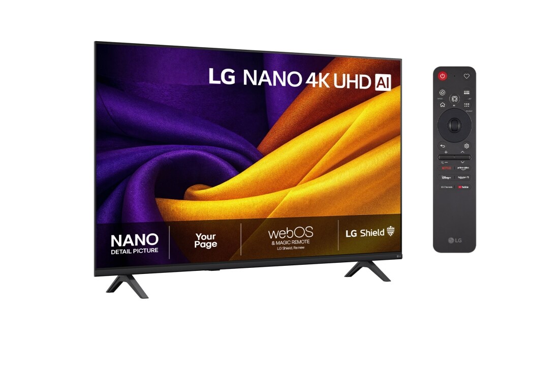 LG 50'' Nano UHD NU90 4K AI TV - 2026, LG NANO 4K UHD AI NU85, vist forfra og fra siden, har en 50-tommers skjerm med en bredde på 1112 mm, en høyde på 649 mm, en høyde på 711 mm med stativ, en profildybde på 70,8 mm og et stativ som måler, 50NU900B6LA, thumbnail 2