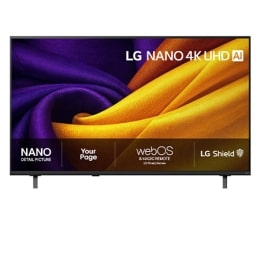 Frontbildet av LG NANO 4K UHD AI NU85, som ble lansert i 2026, fyller skjermen med glatte, flytende lag av levende, stofflignende teksturer, mens buede, flerfargede folder sprer seg over skjermen.2