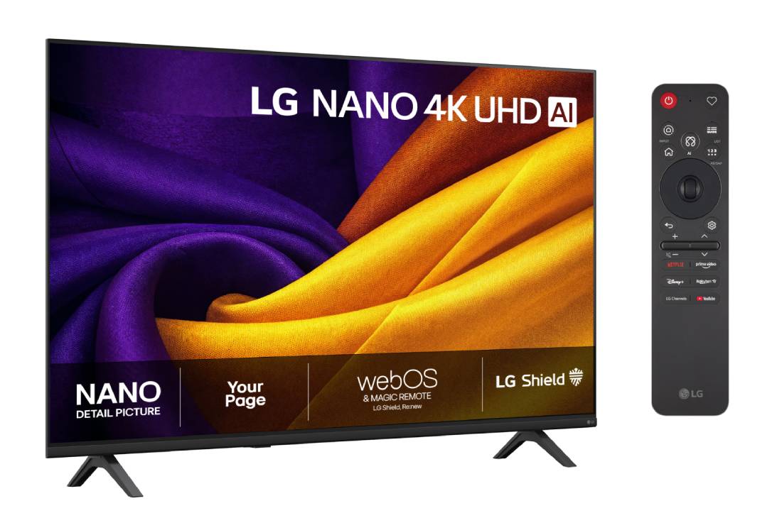 LG 55'' Nano UHD NU90 4K AI TV - 2026, LG NANO 4K UHD AI NU85 vist forfra og fra siden, har en 55-tommers skjerm med en bredde på 1228 mm, en høyde på 715 mm, en høyde på 776 mm med stativ, en profildybde på 70,8 mm og et stativ som måler , 55NU900B6LA, thumbnail 2
