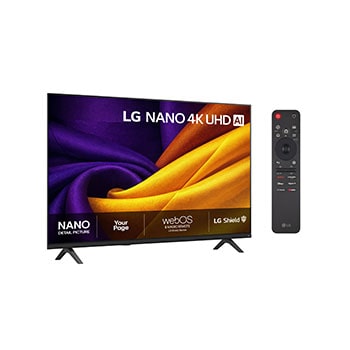 LG 55'' Nano UHD NU90 4K AI TV - 2026, LG NANO 4K UHD AI NU85 vist forfra og fra siden, har en 55-tommers skjerm med en bredde på 1228 mm, en høyde på 715 mm, en høyde på 776 mm med stativ, en profildybde på 70,8 mm og et stativ som måler , 55NU900B6LA, thumbnail 2