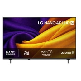Frontbildet av LG NANO 4K UHD AI NU85, som ble lansert i 2026, fyller skjermen med glatte, flytende lag av levende, stofflignende teksturer, mens buede, flerfargede folder sprer seg over skjermen.2