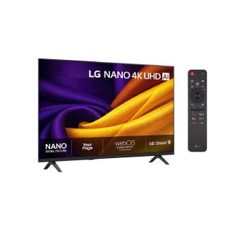 LG 65'' Nano UHD NU90 4K AI TV - 2026, LG NANO 4K UHD AI NU85, vist forfra og fra siden, har en 65-tommers skjerm med en bredde på 1447 mm, en høyde på 838 mm, en høyde på 901 mm med stativ, en profildybde på 70,8 mm og et stativ som måler, 65NU900B6LA, thumbnail 2