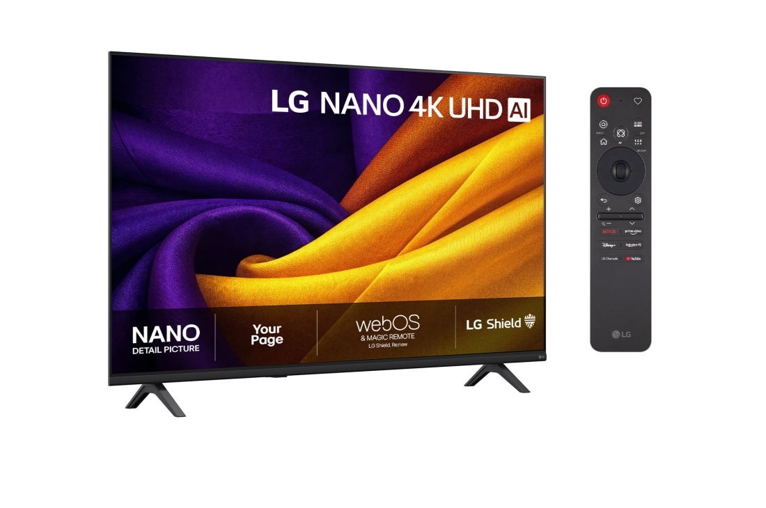 LG 65'' Nano UHD NU90 4K AI TV - 2026, LG NANO 4K UHD AI NU85, vist forfra og fra siden, har en 65-tommers skjerm med en bredde på 1447 mm, en høyde på 838 mm, en høyde på 901 mm med stativ, en profildybde på 70,8 mm og et stativ som måler, 65NU900B6LA, thumbnail 2