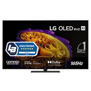 LG 55'' OLED evo Gallery G6 4K AI TV - 2026, Fronten på LG OLED evo AI G6, som ble lansert i 2026, har en slank svart ramme med et levende, skulpturelt bilde av fargerike former i flere lag som fyller skjermen, samt merket «Verdens nr. 1 OLED TV, OLED55G66LS, thumbnail 1