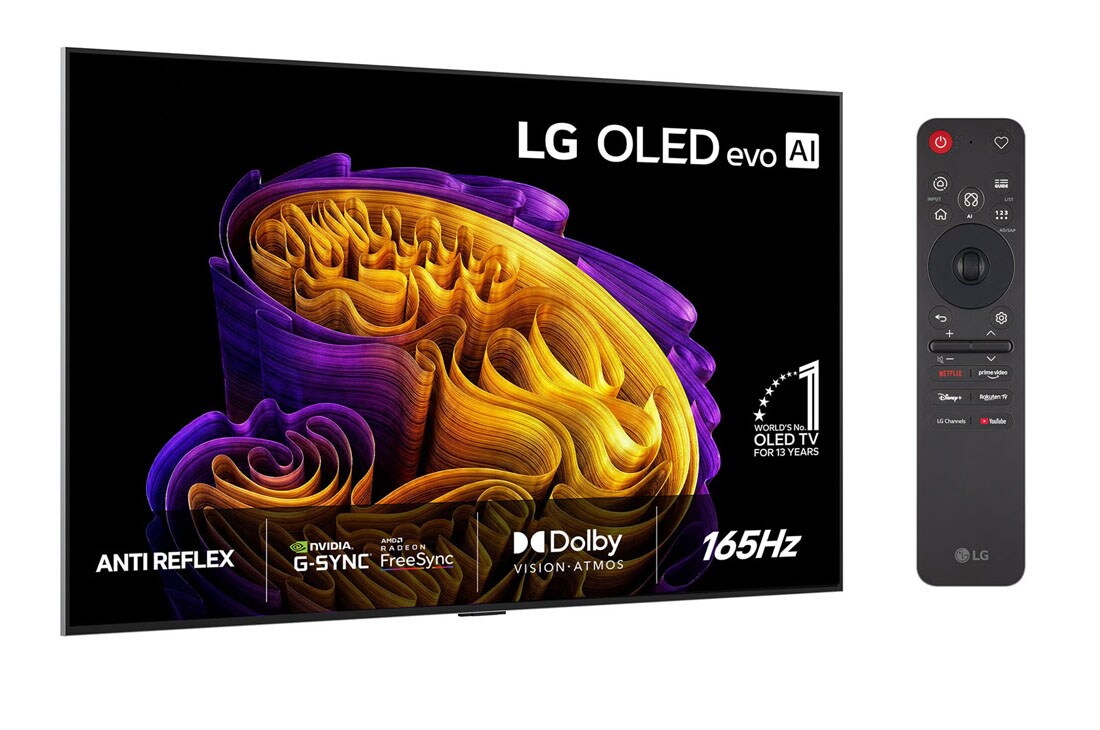 LG 97'' OLED evo Gallery G6 4K AI TV - 2026, LG OLED evo AI G6, vist forfra og fra siden, har en 65-tommers skjerm med en bredde på 1441 mm, en høyde på 826 mm, en høyde på 910 mm med stativ, en dybde på 24,3 mm og et stativ som måler 485 x 263 , OLED97G64LW, thumbnail 2