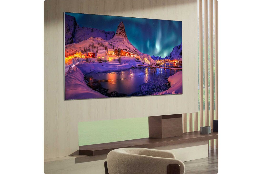 LG 97'' OLED evo Gallery G6 4K AI TV - 2026, LG OLED evo AI G6 for uovertruffen spillopplevelse i 4K 165Hz viser et høyhastighets racingspill med en gul bil med åpne hjul i bevegelse, fet «WIN»-tekst på skjermen og NVIDIA G-SYNC- og AMD FreeSync, OLED97G64LW, thumbnail 11