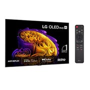 LG 97'' OLED evo Gallery G6 4K AI TV - 2026, LG OLED evo AI G6, vist forfra og fra siden, har en 65-tommers skjerm med en bredde på 1441 mm, en høyde på 826 mm, en høyde på 910 mm med stativ, en dybde på 24,3 mm og et stativ som måler 485 x 263 , OLED97G64LW, thumbnail 2