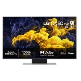 Frontbildet av LG QNED evo AI QNED86 Mini LED, lansert i 2026, fyller skjermen med levende, flytende utbrudd av flerfarget, malinglignende bevegelse, mens tette fargeskyer smelter sømløst sammen på sk2