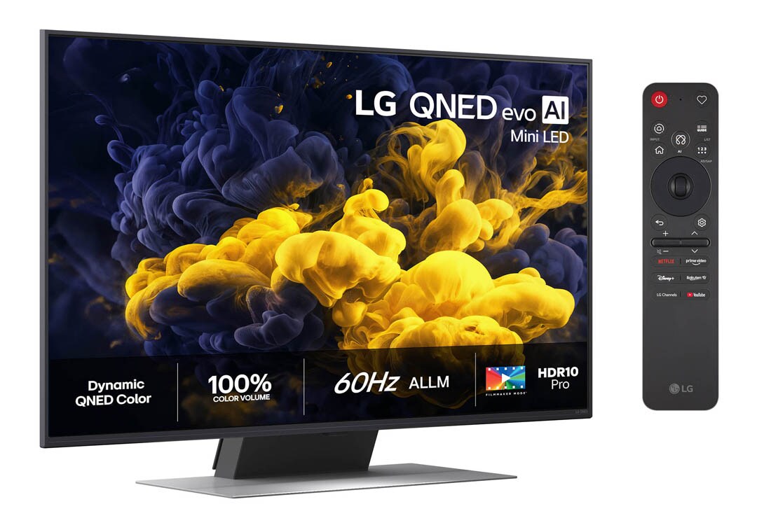 LG 43'' QNED evo MiniLED QNED86 4K AI TV - 2026, LG QNED evo AI QNED86 Mini LED vist forfra og fra siden har en 65-tommers skjerm med en bredde på 1456 mm, en høyde på 840 mm, en høyde på 904 mm med stativ, en slank profil på 29,7 mm og et stativ so, 43QNED86B6B, thumbnail 2