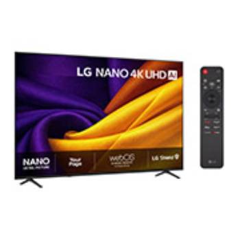 LG 75'' Nano UHD NU90 4K AI TV - 2026, LG NANO 4K UHD AI NU85 vist forfra og fra siden, har en 75-tommers skjerm med en bredde på 1669 mm, en høyde på 963 mm, en høyde på 1026 mm med stativ, en profildybde på 72,1 mm og et stativ som måler, 75NU900B6LA, thumbnail 2