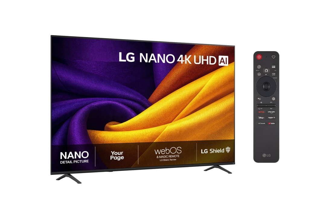 LG 75'' Nano UHD NU90 4K AI TV - 2026, LG NANO 4K UHD AI NU85 vist forfra og fra siden, har en 75-tommers skjerm med en bredde på 1669 mm, en høyde på 963 mm, en høyde på 1026 mm med stativ, en profildybde på 72,1 mm og et stativ som måler, 75NU900B6LA, thumbnail 2