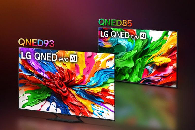 LG QNED TV-er stilt opp på rekke.