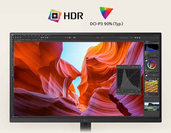 LG UHD 4K-skjermens fremhevede funksjoner inkluderer HDR-støtte og 90 % DCI-P3-fargenøyaktighet, som fremviser livlige farger for forbedret bildekvalitet.