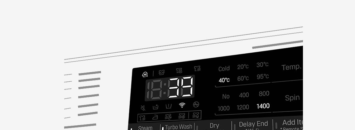 Dette er et forstørret bilde av vaskemaskinens panel, slik at displayet er godt synlig.