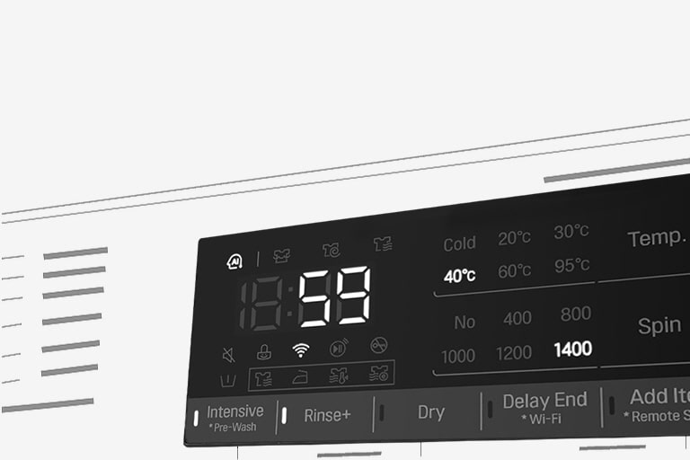 Dette er et forstørret bilde av vaskemaskinens panel, slik at displayet er godt synlig.