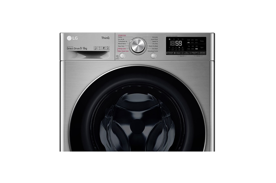 LG 9 kg / 6 kg Kombinert vaskemaskin/tørketrommel(Grafitt) - Steam, Energiklasse E, TurboWash™, AI DD™, Smart Diagnosis™ med Wi-Fi, CV70V6S2BE, thumbnail 4