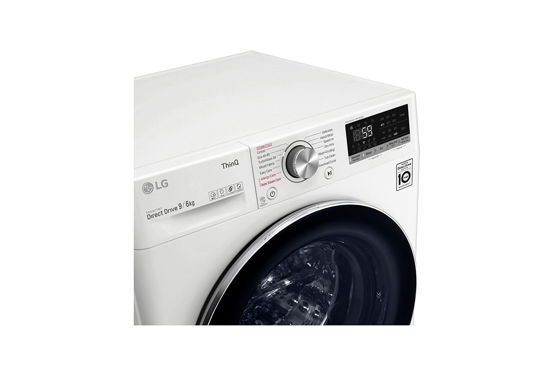 LG 9 kg / 6 kg Kombinert vaskemaskin/tørketrommel(Hvit) - Steam, Energiklasse E, TurboWash™, AI DD™, Smart Diagnosis™ med Wi-Fi, CV50V6S2EE, CV50V6S2EE, thumbnail 3