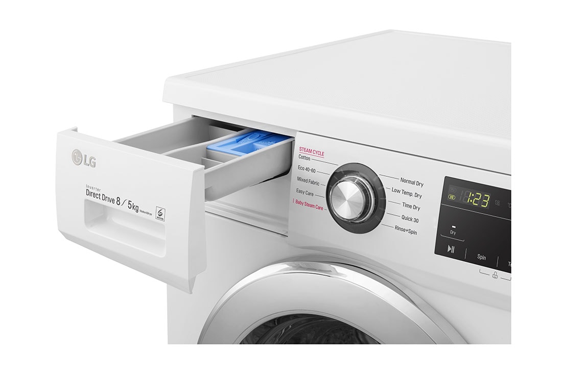 LG 8 kg / 5 kg Kombinert vaskemaskin/tørketrommel(Hvit) - Steam, Energiklasse E, AI DD™, Smart Diagnosis™, CM20T5S2E, CM20T5S2E, thumbnail 5