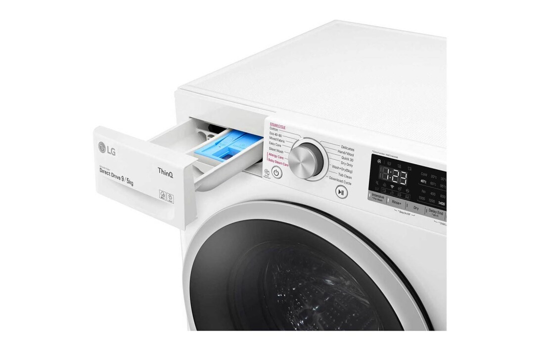 LG 9 kg / 5 kg Kombinert vaskemaskin/tørketrommel(Hvit) - Steam, Energiklasse E, AI DD™, Smart Diagnosis™ med Wi-Fi, F4DV509S1W, thumbnail 5