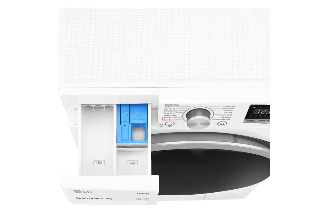 LG 9 kg / 5 kg Kombinert vaskemaskin/tørketrommel(Hvit) - Steam, Energiklasse E, AI DD™, Smart Diagnosis™ med Wi-Fi, F4DV509S1W, thumbnail 6