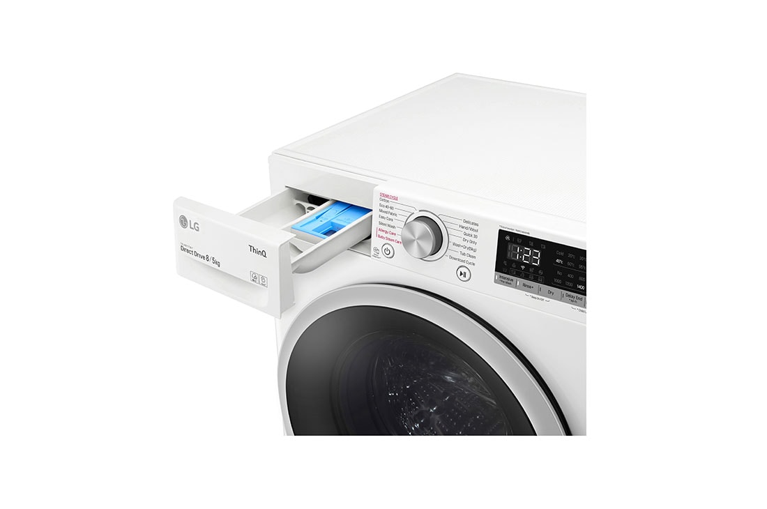 LG  8 kg / 5 kg Kombinert vaskemaskin/tørketrommel(Hvit) - Steam, Energiklasse E, AI DD™, Smart Diagnosis™ med Wi-Fi, K4DV508S1W, thumbnail 5