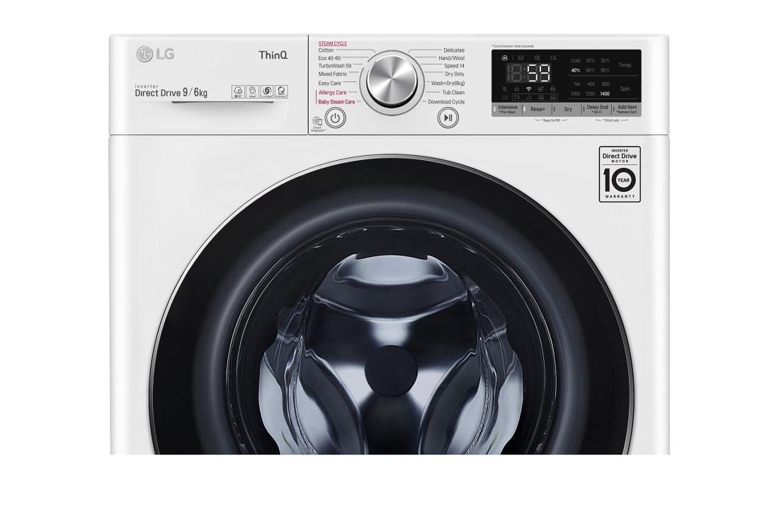 LG 9 kg / 6 kg Kombinert vaskemaskin/tørketrommel(Hvit) - Energiklasse E, Steam™, TurboWash™ , Smart Diagnosis med Wi-fi, W4DV709H1W, thumbnail 4
