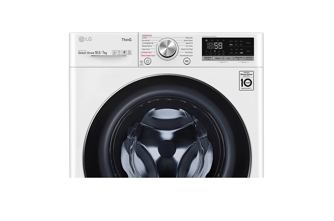 LG 10.5 kg / 7 kg Kombinert vaskemaskin/tørketrommel(Hvit) - Energiklasse E, Steam, TurboWash™, AI DD™, Smart Diagnosis with Wi-Fi, K4DV710H2W, K4DV710H2W, thumbnail 4