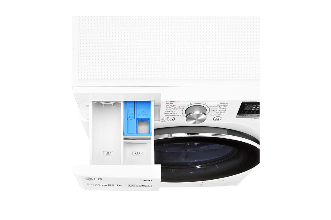 LG 10.5 kg / 7 kg Kombinert vaskemaskin/tørketrommel(Hvit) - Energiklasse E, Steam, TurboWash™, AI DD™, Smart Diagnosis with Wi-Fi, K4DV710H2W, K4DV710H2W, thumbnail 6