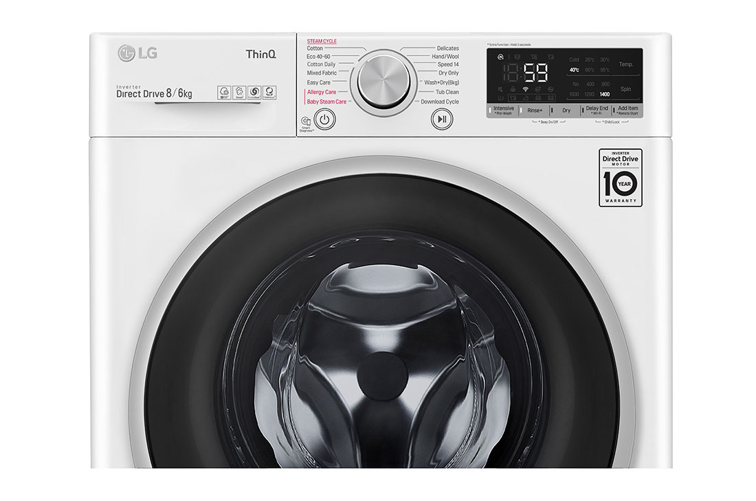 LG 8 kg / 6 kg Kombinert vaskemaskin/tørketrommel(Hvit) - Steam, Energiklasse E, AI DD™, Smart Diagnosis™ med Wi-Fi, K4DV508S1WE, thumbnail 4
