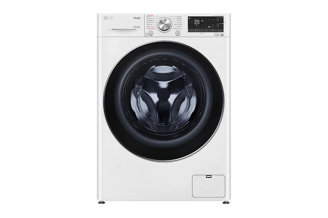 LG 10.5 kg / 7 kg Kombinert vaskemaskin/tørketrommel(Hvit) - Auto-Dose, Steam, Energiklasse E, TurboWash™360, AI DD™, Smart Diagnosis™ med Wi-Fi, CV74J7S2QA, CV74J7S2QA