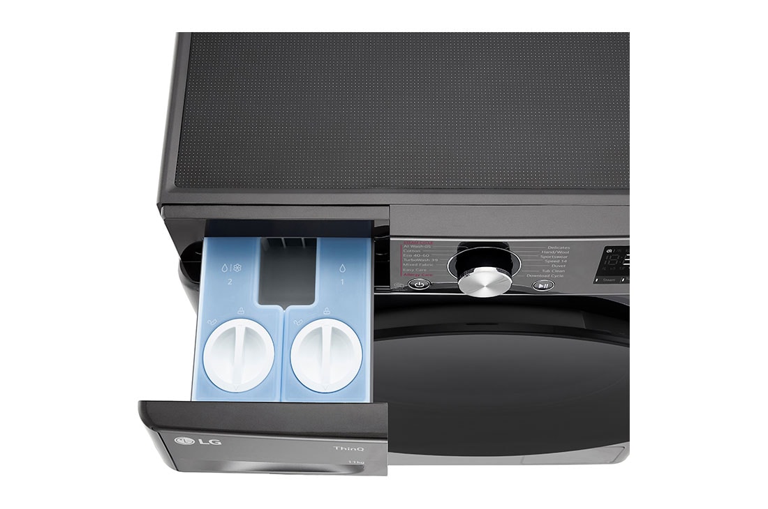 LG 11 kg Vaskemaskin(Svart) - Auto Dose, Steam, Energiklasse A, TurboWash360™, AI DD™, Smart Diagnosis™ med Wi-Fi, tray top view , FV94ENS2QA, thumbnail 6