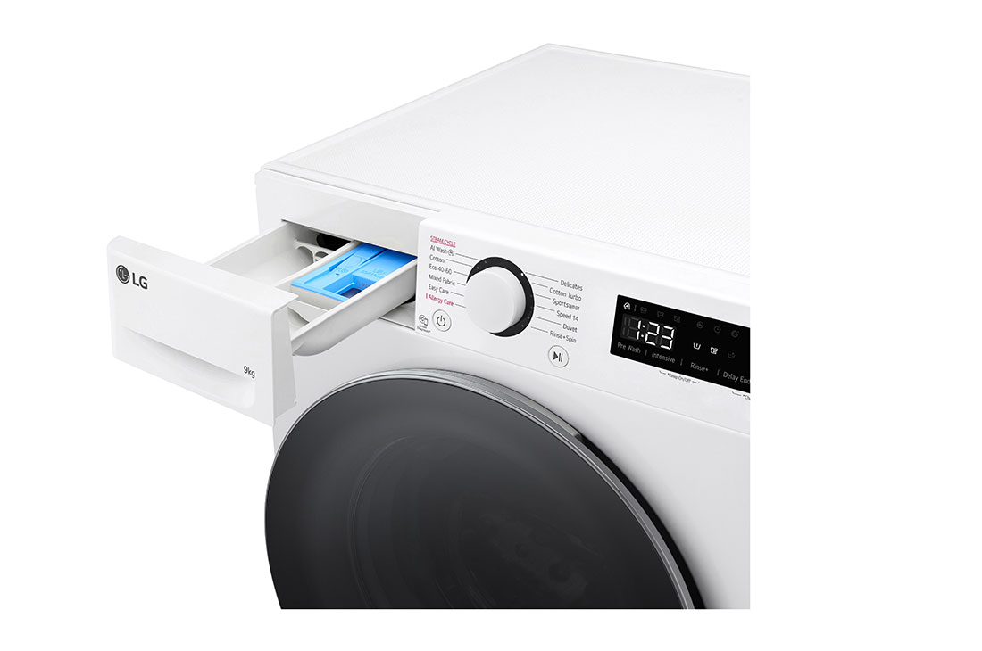 LG 9 kg Vaskemaskin(Hvit) - Steam, Energiklasse A, AI DD™, Smart Diagnosis™&nbsp;, Drawer open, F4Y5VYP1W, thumbnail 5